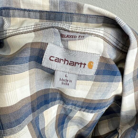 Carhartt Button Down Shirt Men's L Blue Plaid Relaxed Fit Short Sleeve Cotton - Picture 5 of 6